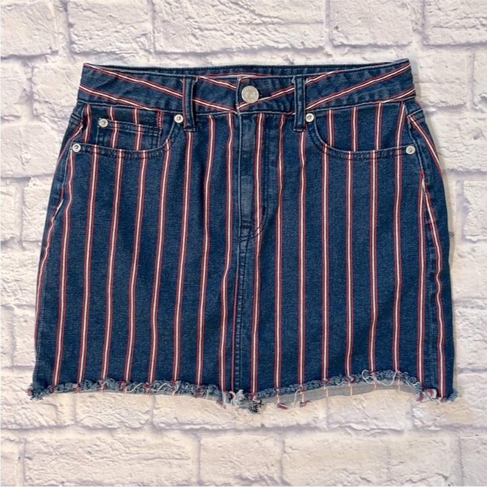 American Eagle Hi-Rise Mini Jean Skirt Blue Striped Micro Mini Size 8 Long